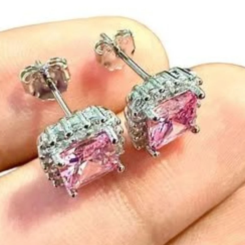 Pink Tourmaline Earrings Stud Sterling Silver 925, Cushion Cut Earrings, 9.9mm - Picture 5 of 10